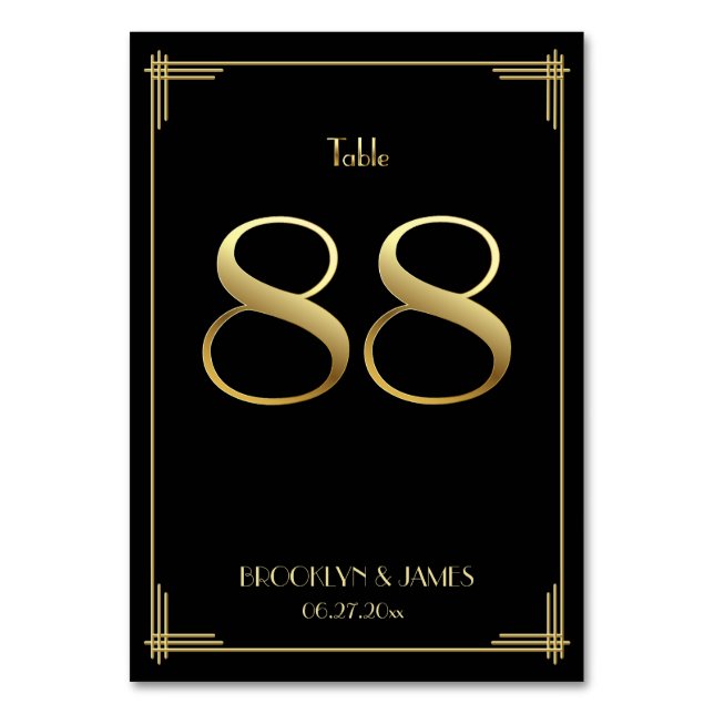 Great Gatsby Art Deco Table Number 88 Gold Black (Front)