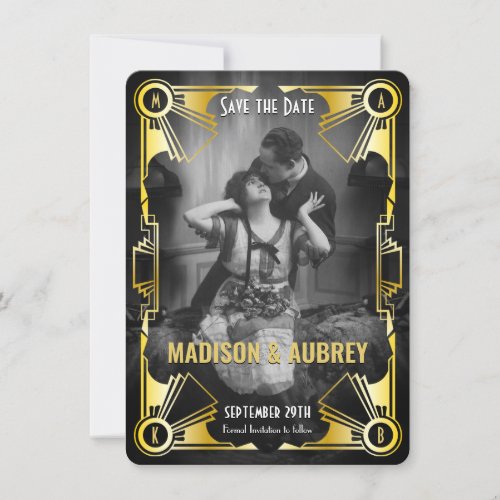 Great Gatsby Art Deco Wedding Gold  Black Photo Save The Date