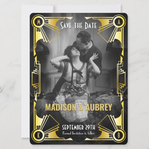 Great Gatsby Art Deco Wedding Gold  Black Photo Save The Date