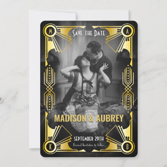 Great Gatsby Art Deco Wedding Gold & Black Photo Save The Date (Front)