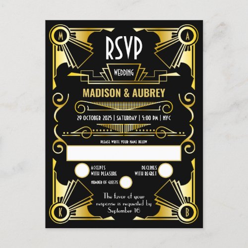 Great Gatsby Art Deco Wedding Gold  Black RSVP Invitation Postcard