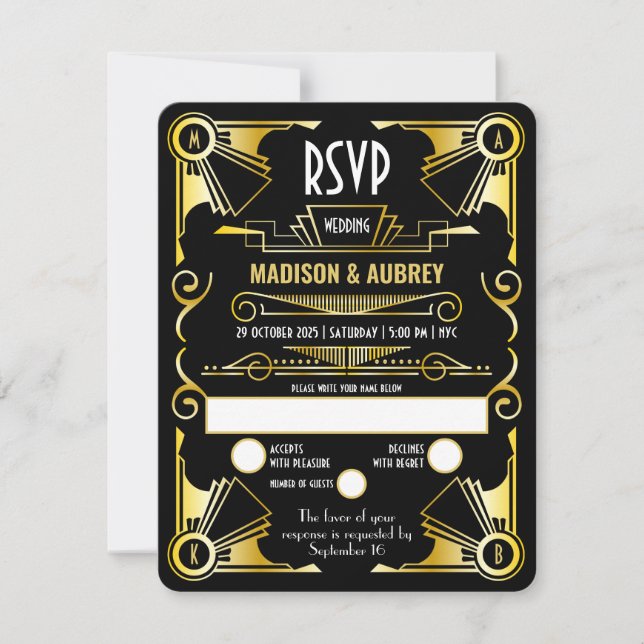 Great Gatsby Art Deco Wedding Opulent Gold & Black RSVP Card (Front)