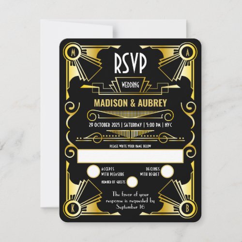 Great Gatsby Art Deco Wedding Opulent Gold  Black RSVP Card