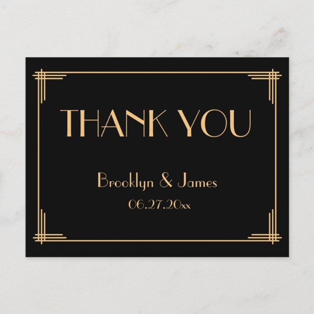 Great Gatsby Art Deco Wedding Thank You Postcards (Front)