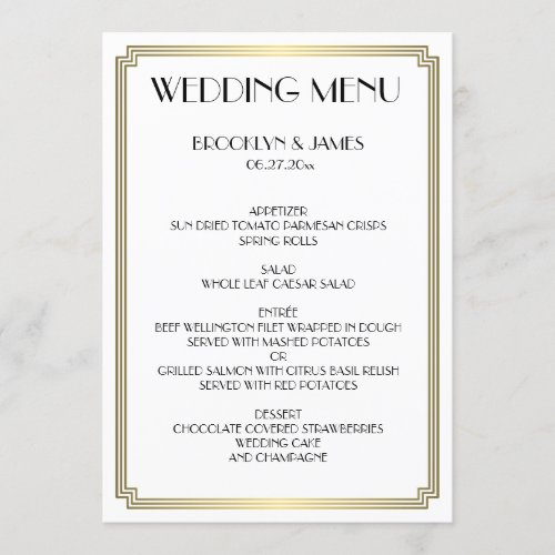 Great Gatsby Art Deco White Gold Wedding Menu