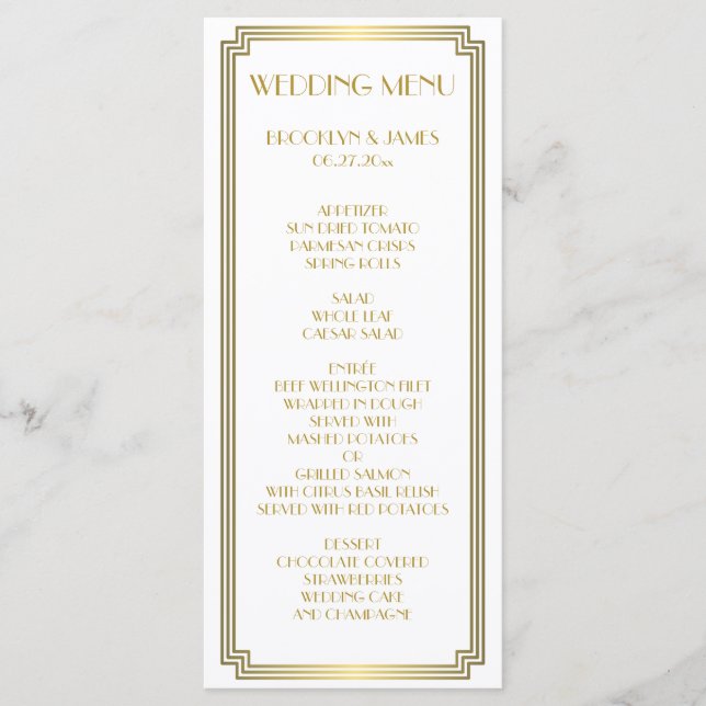 Great Gatsby Art Deco White Gold Wedding Menu Card (Front)