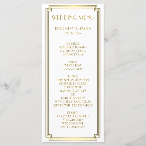 Great Gatsby Art Deco White Gold Wedding Menu Card