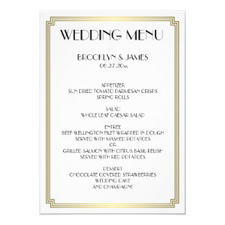 Great Gatsby Art Deco White Gold Wedding Menu Card