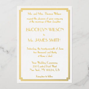 Great Gatsby Art Deco White Real Gold Foil Wedding Invitation