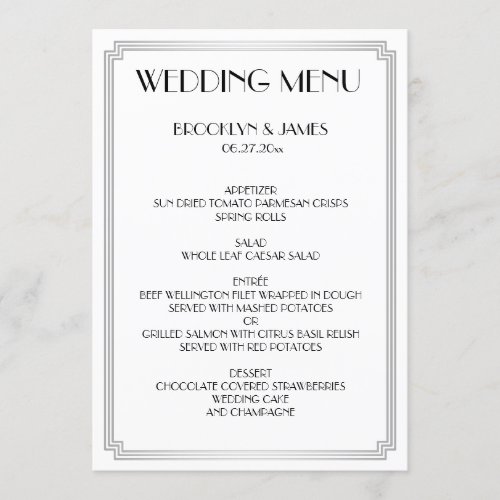 Great Gatsby Art Deco White Silver Wedding Menu