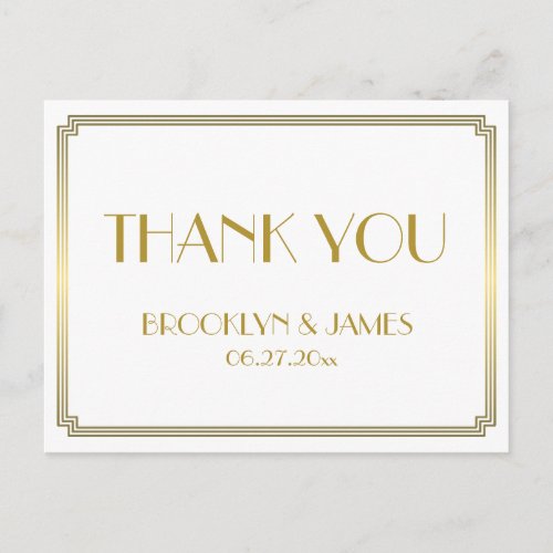 Great Gatsby Art Deco White Wedding Thank You Postcard