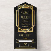 Great Gatsby Black and Gold Foil Art Deco Wedding All In One Invitation (Inside)