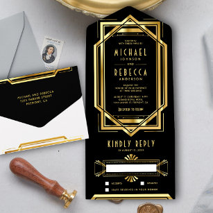 Great Gatsby Black and Gold Foil Art Deco Wedding All In One Invitation