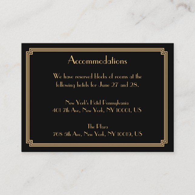 Great Gatsby Black Wedding Accommodation Cards (Front)