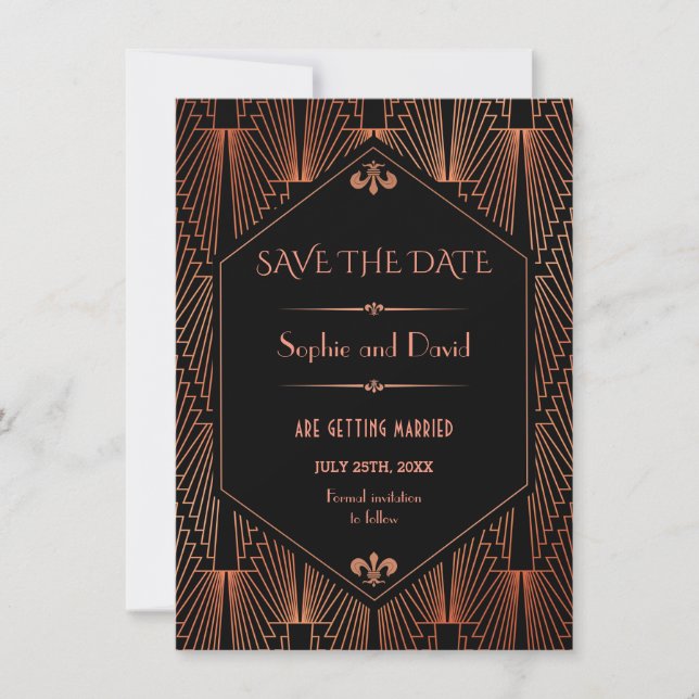 Great Gatsby Copper Art Deco Wedding Save The Date Invitation (Front)