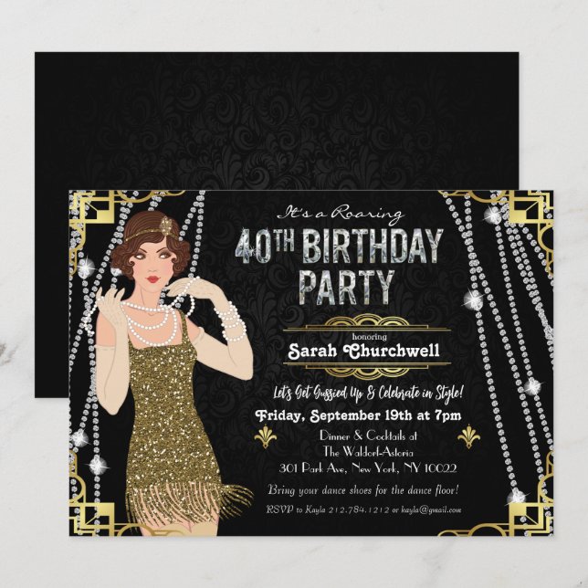 Great Gatsby Flapper Girl 40th Birthday Invitation (Front/Back)