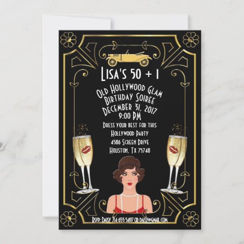 Great Gatsby Flapper Girl Golden Hollywood Invite