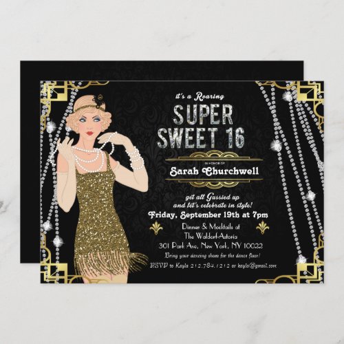 Great Gatsby Flapper Sweet 16 Birthday Invitation - Celebrate like they did in the Swinging Twenties with our fabulous, Great Gatsby-inspired invitation. Whether you’re planning a bachelorette party or a birthday party, take your event back in time to the fabulous era of Art Deco and lavish living.

//BRUNETTE HAIR OPTION AVAILABLE IN SHOP//