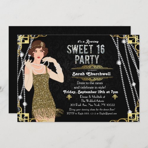 Great Gatsby Flapper Sweet 16 Birthday Invitation - Celebrate like they did in the Swinging Twenties with our fabulous, Great Gatsby-inspired invitation. Whether you’re planning a bachelorette party or a birthday party, take your event back in time to the fabulous era of Art Deco and lavish living.

//BLONDE HAIR OPTION AVAILABLE IN SHOP//