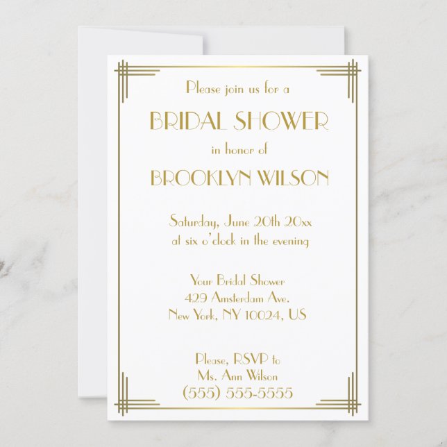 Great Gatsby Gold Art Deco Bridal Shower Invites (Front)