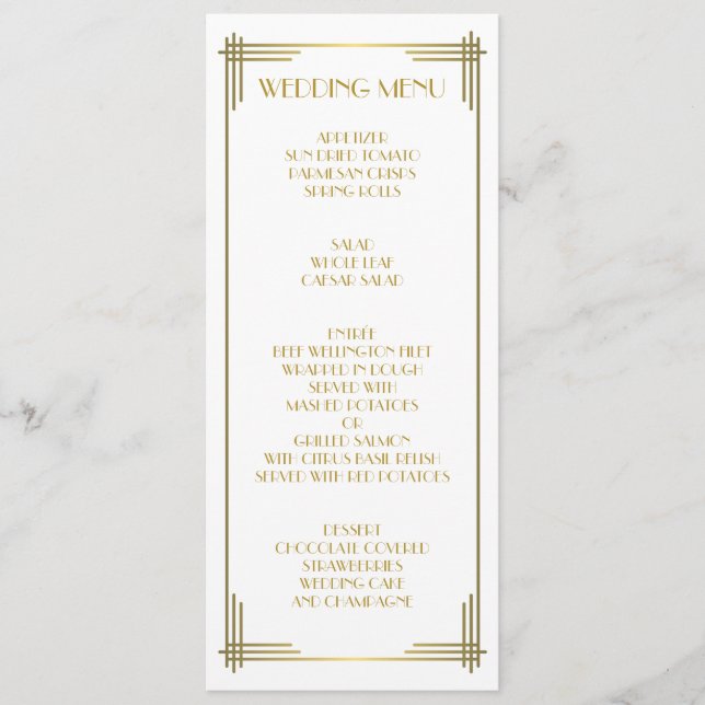 Great Gatsby Gold Art Deco Wedding Menu (Front)