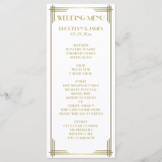 Great Gatsby Gold Art Deco Wedding Menu Card (Front)