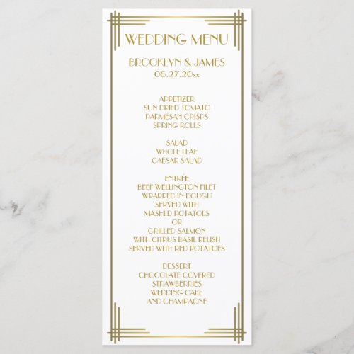 Great Gatsby Gold Art Deco Wedding Menu Card