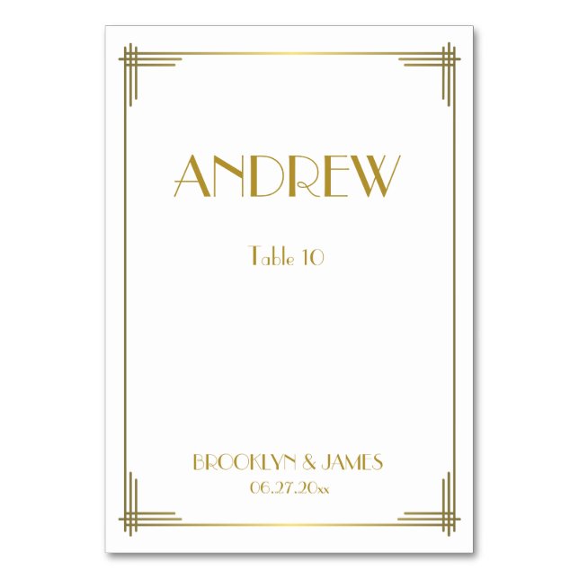 Great Gatsby Gold Art Deco Wedding Table Cards (Front)