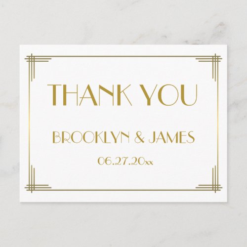 Great Gatsby Gold Art Deco Wedding Thank You Postcard