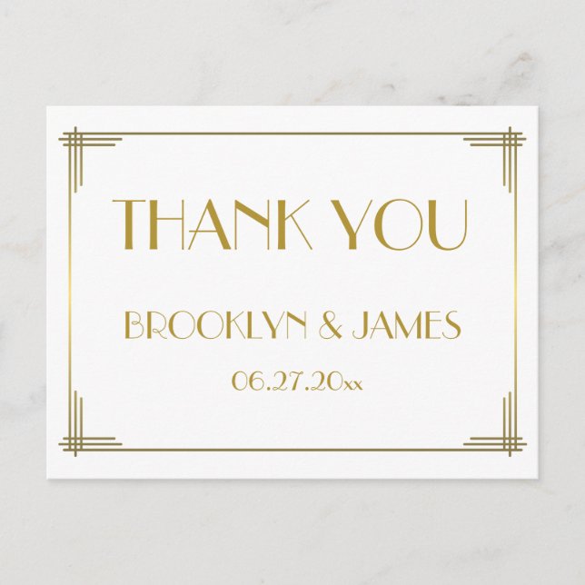 Great Gatsby Gold Art Deco Wedding Thank You Postcard (Front)