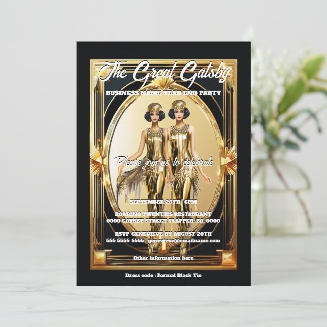 Great gatsby gold black flappers black tie event  invitation (Standing Front)