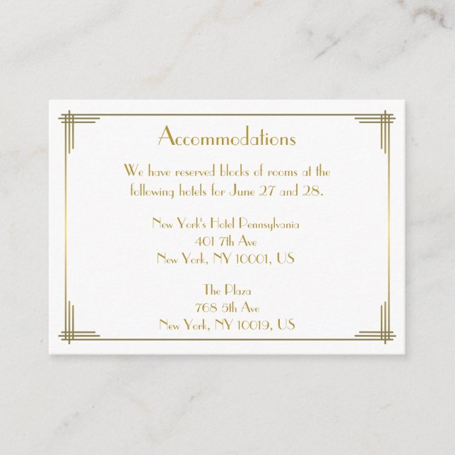 Great Gatsby Gold Wedding Accommodation Cards (Front)