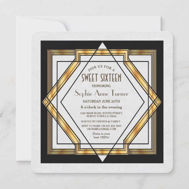 Great Gatsby Gold White Art Deco 1920s SWEET 16 Invitation (Front)