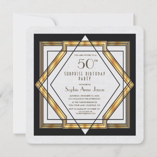 Great Gatsby Gold White Art Deco 50 Birthday Party Invitation