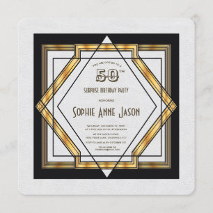 Great Gatsby Gold White Art Deco 50th Birthday Invitation