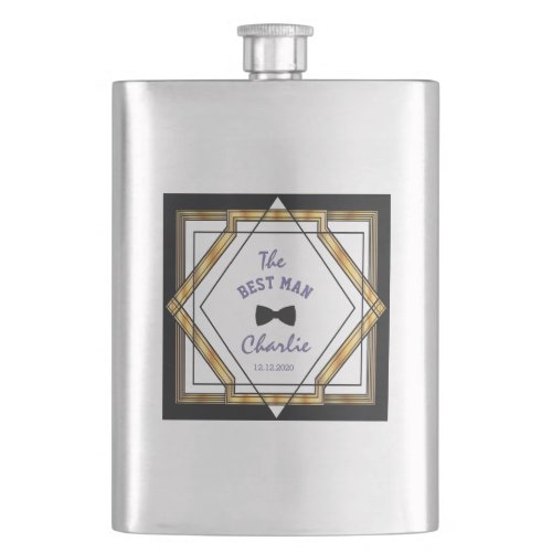 Great Gatsby Gold White Art Deco The BEST MAN Hip Flask