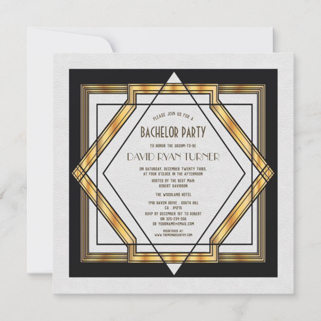 Great Gatsby Gold White Art Deco Wedding Invite (Front)