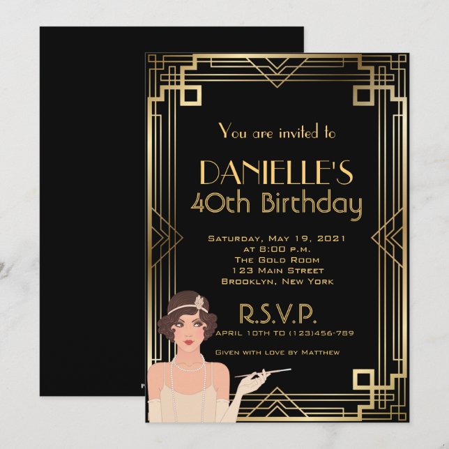 Great Gatsby Inspired Art Deco Birthday Invitation (Front/Back)