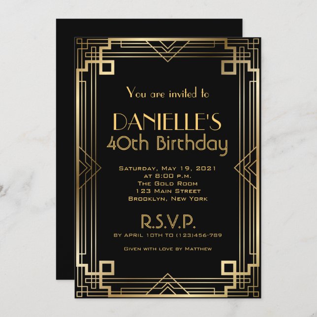 Great Gatsby Inspired Art Deco Birthday Invitation (Front/Back)