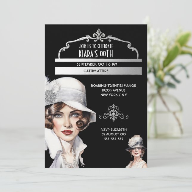 Great Gatsby luxurious 1920's style woman birthday Invitation (Standing Front)