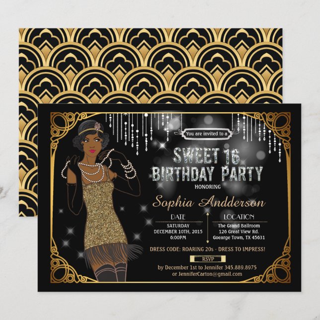 Great Gatsby sweet 16 birthday party invitation (Front/Back)