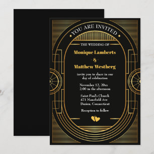 Great Gatsby Wedding Art Deco Black & Gold Vintage Invitation