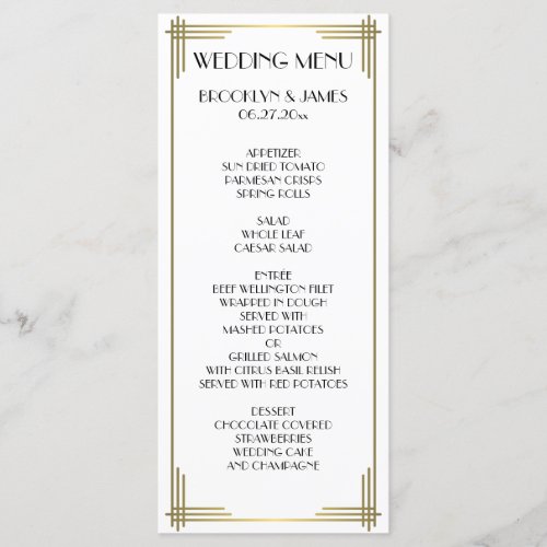 Great Gatsby White Art Deco Wedding Menu Card