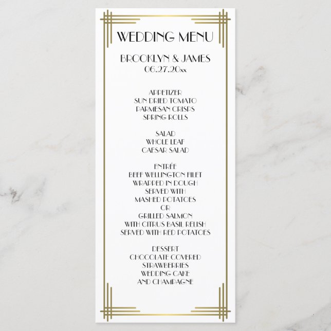 Great Gatsby White Art Deco Wedding Menu Card (Front)