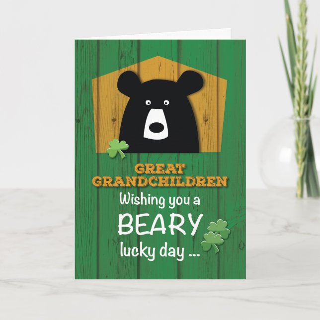 Great Grandchildren Bear+Shamrock on St. Patrick's Card (Front)
