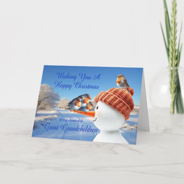 Great Grandchildren Robins and Snowman Christmas Holiday Card (Front)
