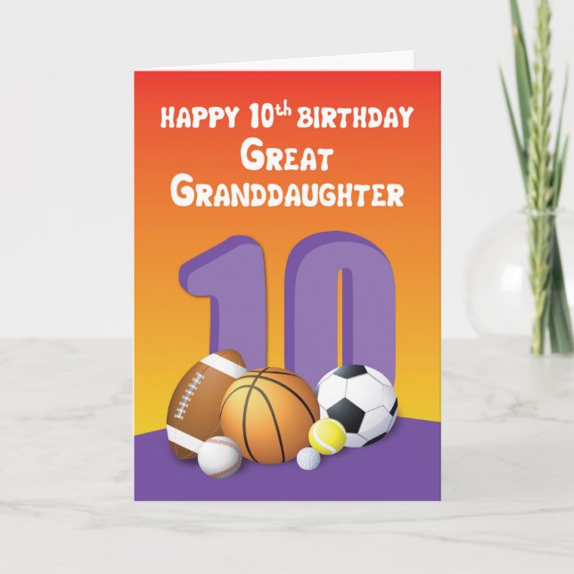 Great Granddaughter 10th Birthday Sports Balls Card (Front)