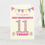 Great Granddaughter 11th Birthday Primroses Card<br><div class="desc">A pretty 11th Birthday card for your great-granddaughter, with polka dot bunting, primrose flowers and numbers filled with a primrose pattern, all on a pale yellow check gingham background. The front cover message is, 'To a very special GREAT GRANDDAUGHTER 11 TODAY!' The inside message is just a suggestion and you...</div>