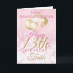 Great Granddaughter 13th Birthday Balloon Card<br><div class="desc">A gorgeous glamorous 13th birthday card for your great-granddaughter (or other relation). This fabulous design features blush pink and gold glitter balloons on a rose pink sparkly background.  Customize with a name to wish a teenager a very happy sweet thirteenth.</div>