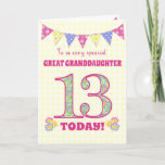 Great Granddaughter 13th Birthday Primroses Card<br><div class="desc">A pretty 13th Birthday card for your great granddaughter, with polka dot bunting, primrose flowers and numbers filled with a primrose pattern, all on a pale yellow check gingham background. The front cover message is, 'To a very special GREAT GRANDDAUGHTER 13 TODAY!' The inside message is just a suggestion and...</div>